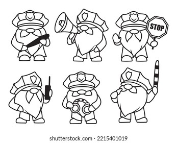 Set Of Police Gnomes. Collection Of Dwarf Sheriff In Work Gear With Cap, Baton, Handcuffs, Etc. Dangerous Job. Vector Illustration Isolated On White Background.