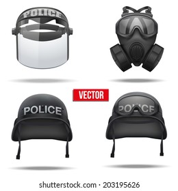 Set of Police helmets and mask Vector Illustration. Army symbol of defense. Isolated on white background.