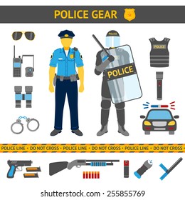 Set Of Police Icons - Gear, Car, Weapons And Two Policemen In Daily Uniform And In Riot Gear. Vector