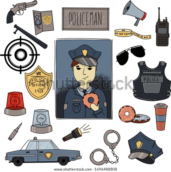 
Set of police icons
and more. Weapons, bulletproof vest, police car, donuts. Vector
illustration depicting a police officer. Editable vector icons on a
white background.