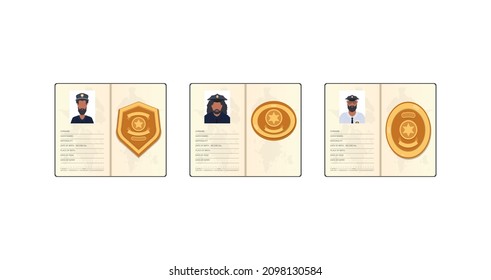 Set Police ID documents vector icon flat isolated.