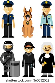 Set of police and law officer in uniform. Policeman, policewoman, judge, Special Forces soldier, criminal and police dog standing on white background in flat style