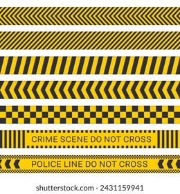 Set of Police line or danger tapes. Do Not Cross lines template. Black and yellow stripes. Barricade tapes collection.