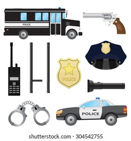 Set of police objects. Car and bus, handcuffs and baton, radio and gun.
