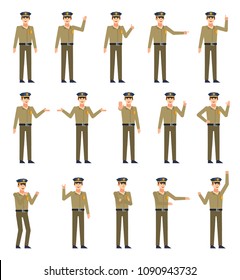 Set of police officer characters showing various hand gestures. Policeman pointing, greeting, showing thumb up, victory hand and other gestures. Flat design vector illustration