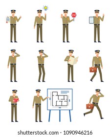 Set of police officer characters showing various actions. Cheerful policeman talking on phone, reading book, holding stop sign, running and showing other actions. Flat design vector illustration