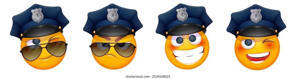 Conjunto de emojis de policial sobre fundo branco. Emoticon com chapéu policial e óculos escuros. Emoticon bonito.