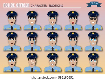 Set of police officer emoticons. Various emotions of the character. Set of avatar icons. Vector illustration.