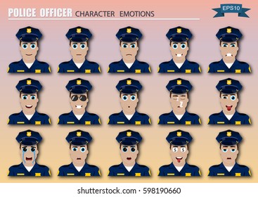 Set of police officer emoticons. Various emotions of the character. Set of avatar icons. Vector illustration.