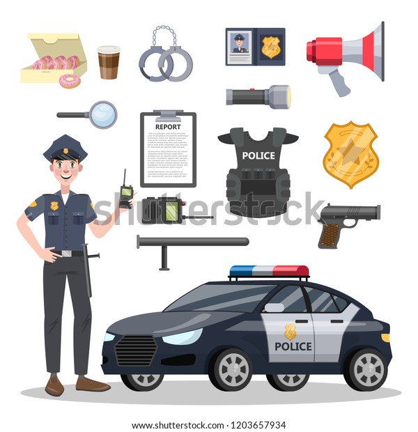 Set of police officer equipment. Handsome\
policeman and car. Badge and gun, handcuffs and ammunition.\
Isolated flat vector\
illustration