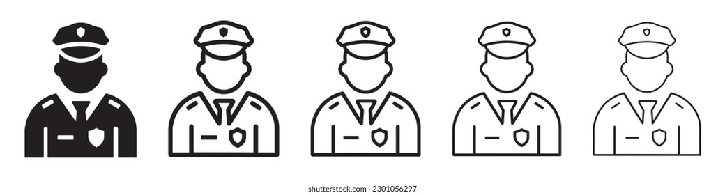 Set of police officer icons. Policeman officer avatar, sheriff. Police symbol, security control. Law enforcement, uniform, police staff. Vector.