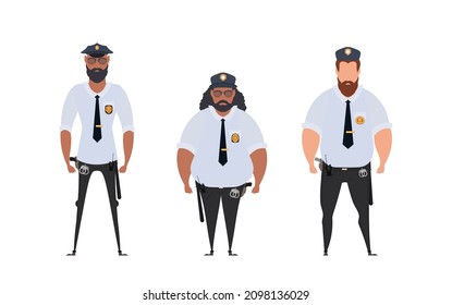 Set Police officer in uniform standing in front view. Profession people concept. Job at police station. Vector