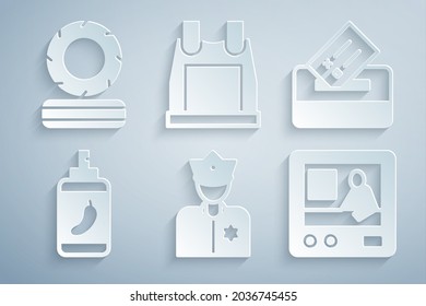 Set Police officer, Vote box, Pepper spray, Television report, Bulletproof vest and Lying burning tires icon. Vector