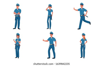 Set of Police officers in different poses. Vector illustration in flat cartoon style