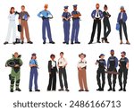 Set Of Police Officers And Law Enforcement Personnel, Including Detectives, Swat Team Members, Forensic Scientists, Country Sheriff, Fbi Agents and Deminer Characters. Cartoon Vector Illustration