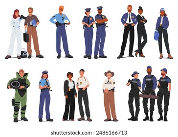 Set Of Police Officers And Law Enforcement Personnel, Including Detectives, Swat Team Members, Forensic Scientists, Country Sheriff, Fbi Agents and Deminer Characters. Cartoon Vector Illustration
