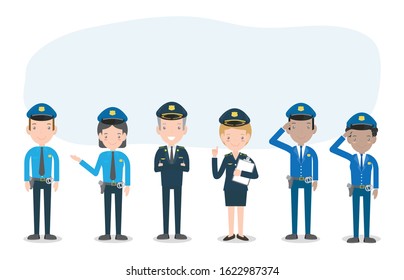 set of police officers on white background, Woman and man cops characters,security in uniform vector illustration