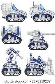 A set of police robots. Side view. Isolated on white background. Vector illustration.