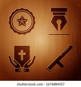 Set Police rubber baton, Police badge, Oath on the Holy Bible and Fountain pen nib on wooden background. Vector