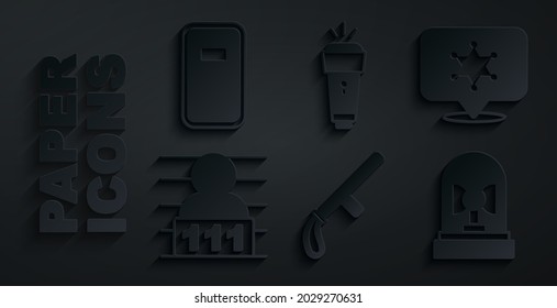 Set Police rubber baton, Hexagram sheriff, Suspect criminal, Flasher siren, Flashlight and assault shield icon. Vector