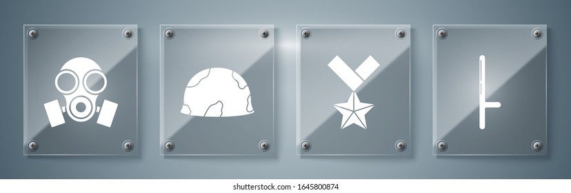 Set Police rubber baton , Military reward medal , Military helmet  and Gas mask . Square glass panels. Vector
