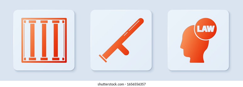 Set Police rubber baton, Prison window and Head with law. White square button. Vector