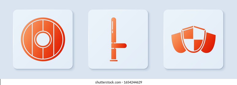 Set Police rubber baton, Round wooden shield and Shield. White square button. Vector