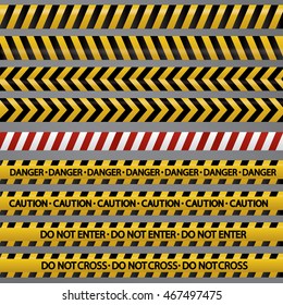 Set Of Police Security Tapes, Yellow With Black And Red Illustrations, Caution Lines Over Gray Background.