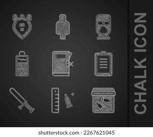 Set Police station folder, Bullet casing with ruler, Evidence bag bullet, report, rubber baton, Dictaphone, Balaclava and badge icon. Vector