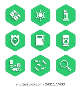 Set Police station folder, Bullet, Magnifying glass with search, Balaclava, Marker of crime scene, badge, Pepper spray and Stacks paper money cash icon. Vector