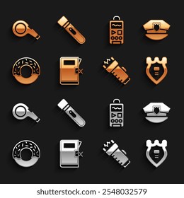 Set Police station folder, cap with cockade, badge, electric shocker, Donut, Dictaphone, Whistle and Flashlight icon. Vector