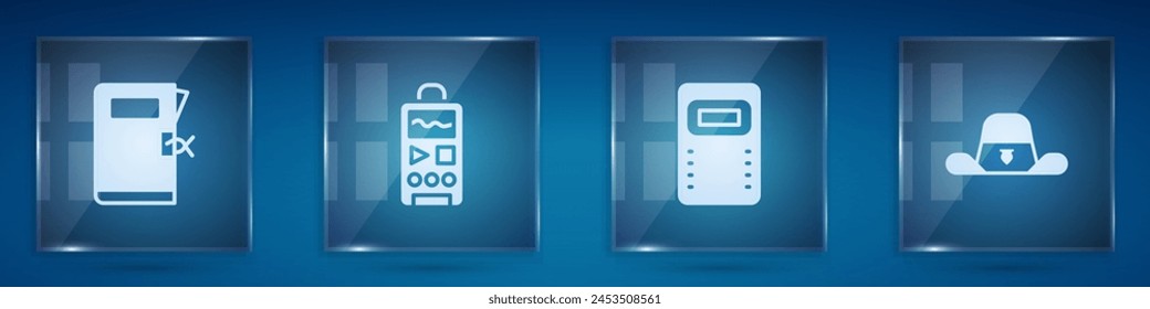 Set Police station folder, Dictaphone, assault shield and Sheriff hat with badge. Square glass panels. Vector