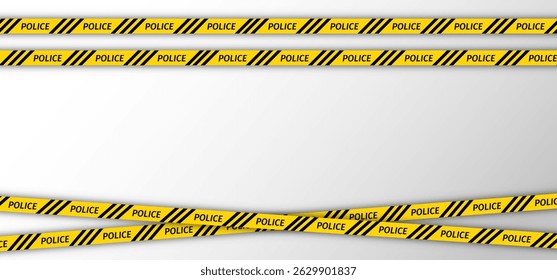 Definir linhas de fitas policiais para restrição de zonas de acidentes criminais em fundo branco. Fitas amarelas de aviso. Fitas de segurança distribuídas para locais de crime. Bordas de barreira sem emenda. Ilustração vetorial.