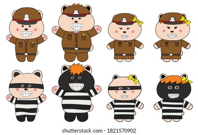 Set of police and Thieve male and female bear Doodle art design