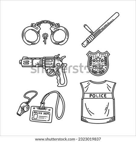 set of police tools and uniform in doodle style