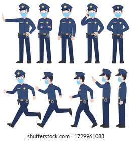 Set of police in uniform with New normal life wearing a surgical protective Medical mask and goggles for prevent coronavirus. character pose front side turn around cartoon, Health care.