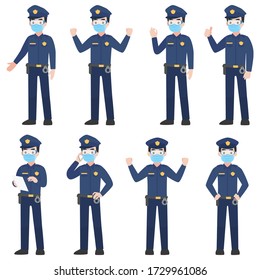 Set of police in uniform with New normal life wearing a surgical protective Medical mask and goggles for prevent coronavirus. character pose front side turn around cartoon, Health care.