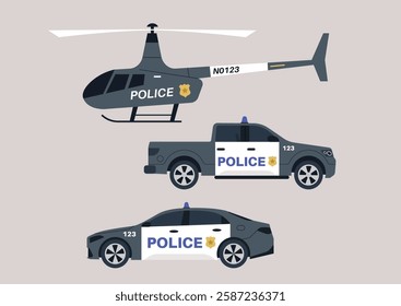 A set of police vehicles, a helicopter and two police cars, illustrating the effectiveness of law enforcement in urban areas for emergencies and patrols