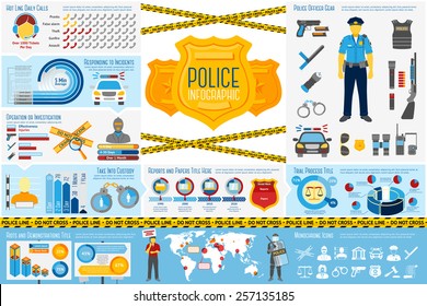 Set Of Police Work Infographic Elements With Icons, Different Charts, Rates Etc. With Places For Your Text. Vector