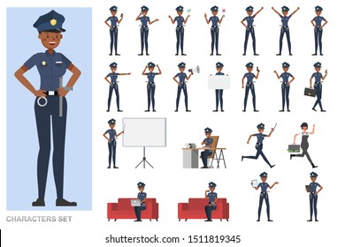 Conjunto de diseño vectorial de carácter de trabajo de la policía. Presentación en diversas acciones con emociones, correr, pararse y caminar. 