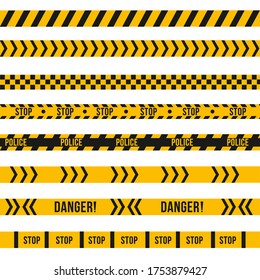 Set of police yellow and black tape. Diagonal stripes security. Safety danger ribbon signs. Warn caution symbol. Under construction, do not cross, police line, warning. Vector illustration, eps 10.