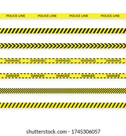 Set of police yellow tape. danger zone with line barrier. Warning strip. Vector 