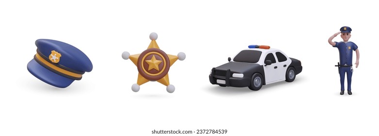 Set of policeman, car, element of policeman costume and sheriff star in realistic 3d style. Justice and law concept. Vector illustration in blue colors