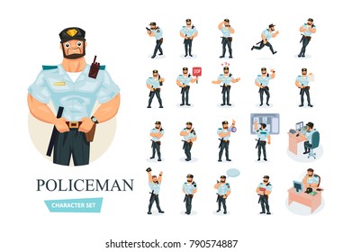 Set of policeman cartoon character working in law enforcement. Young clerk man officer policeman in working clothes, in form. Different poses and emotions, gestures. Illustration front and rear view.