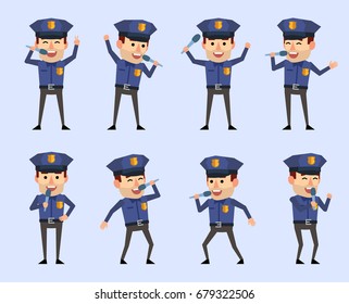 Set of policeman characters holding microphone and singing. Simple vector illustration