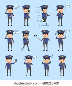 Set of policeman characters with phone showing various actions. Funny policeman talking on phone, taking photo, running and showing other actions. Simple vector illustration
