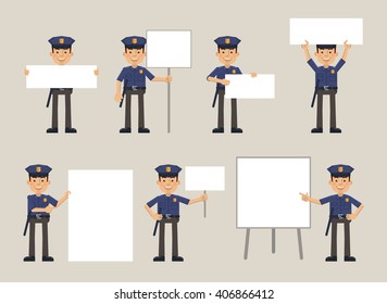 Set of policeman characters posing with different blank banners. Cheerful police officer with paper, poster, placard, pointing to whiteboard. Teach, advertise, promote. Flat style vector illustration