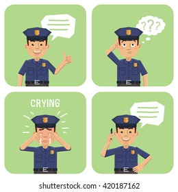 Set of policeman characters posing in different situations. Cheerful policeman talking on phone, thinking, crying, showing thumb up gesture. Emoticon, emoji. Flat style vector illustration