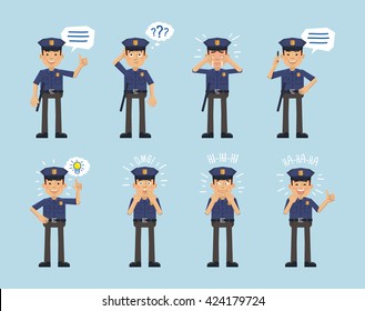 Set of policeman characters posing in different situations. Cheerful police officer thinking, crying, talking on phone, pointing up, surprised, laughing, shocked. Flat style vector illustration