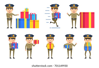 Set of policeman characters posing with gift box in various situations. Cheerful police officer holding present, running and showing other actions. Simple vector illustration